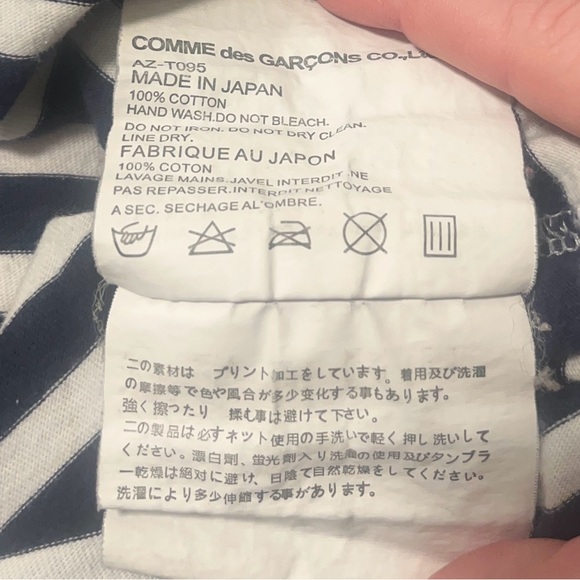 PLAY Comme des Garçons Navy White Striped T-shirt  red heart patch logo-L-EUC - Picture 10 of 10